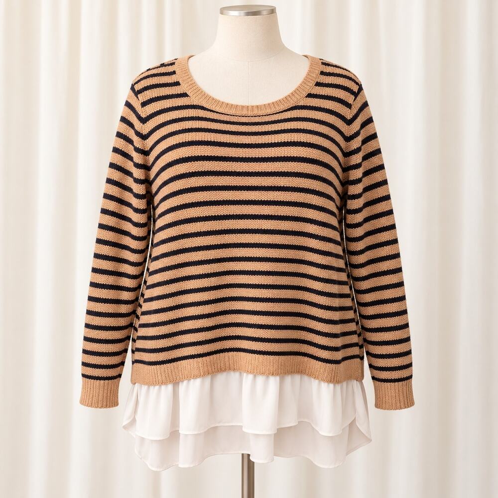 LOFT Plus 20/22 Striped Layered Sweater Tan Black Cotton Shirttail Hem Long Slee